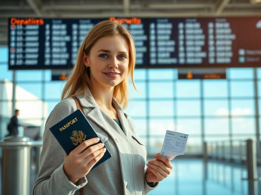 Kobieta trzymająca paszport i kartę pokładową na lotnisku, przygotowująca się do podróży do Turcji.