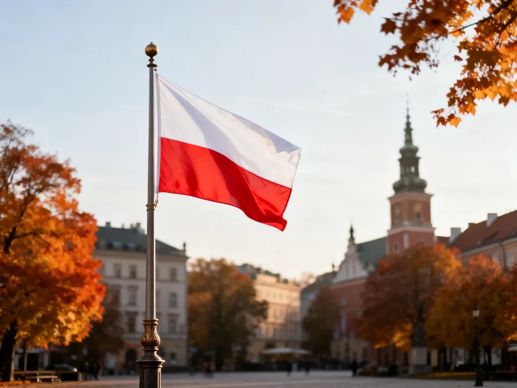 Polska flaga powiewająca na maszcie na tle jesiennego rynku miejskiego w dniu Święta Niepodległości.