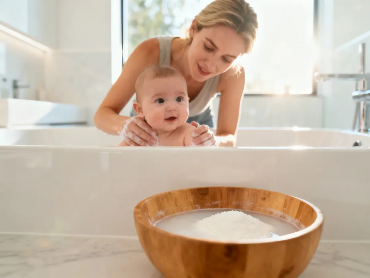Mama delikatnie kąpie niemowlę w wodzie z dodatkiem krochmalu w jasnej, nowoczesnej łazience.