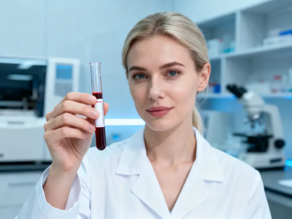 Pracownik laboratorium medycznego trzymający probówkę z próbką krwi w nowoczesnym otoczeniu diagnostycznym.
