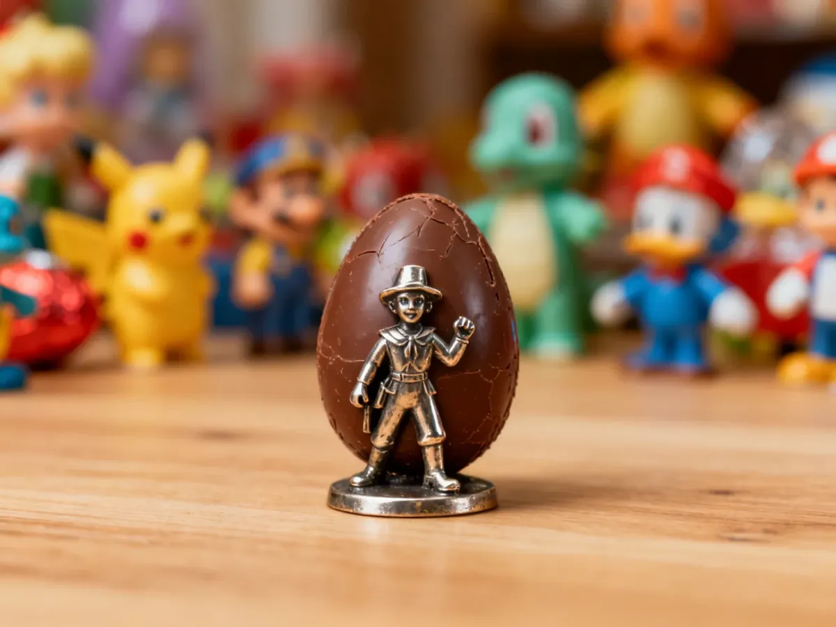 Rzadka, metalowa figurka z Kinder Niespodzianki na drewnianym blacie w otoczeniu innych kolekcjonerskich zabawek.