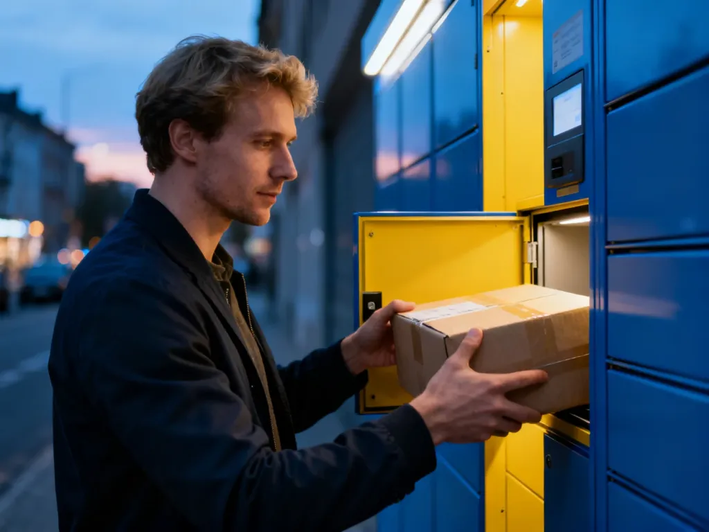 Mężczyzna wkłada paczkę do otwartej skrytki automatu paczkowego DHL w miejskim otoczeniu o zmierzchu.