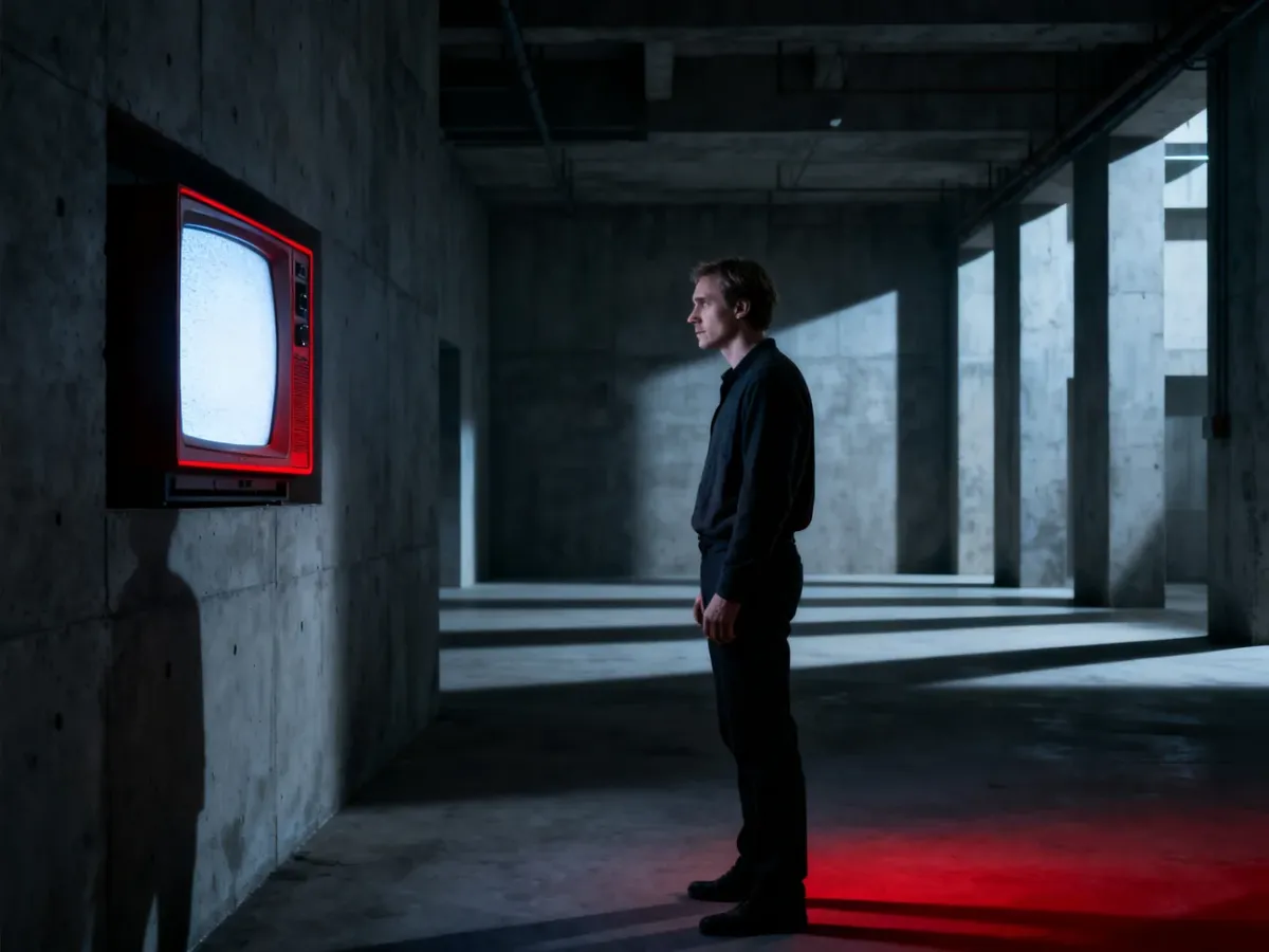 Samotny mężczyzna w surowym, betonowym wnętrzu wpatruje się w ekran telesekretarza w dystopijnym świecie „Roku 1984”.
