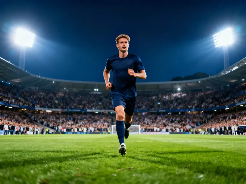 Piłkarz biegnący po murawie stadionu w świetle jupiterów podczas wieczornego meczu przy pełnych trybunach.
