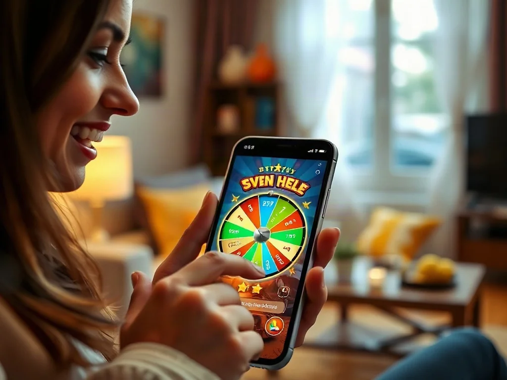 Kobieta z entuzjazmem gra w Coin Master na smartfonie, kręcąc kolorowym kołem fortuny w przytulnym salonie.