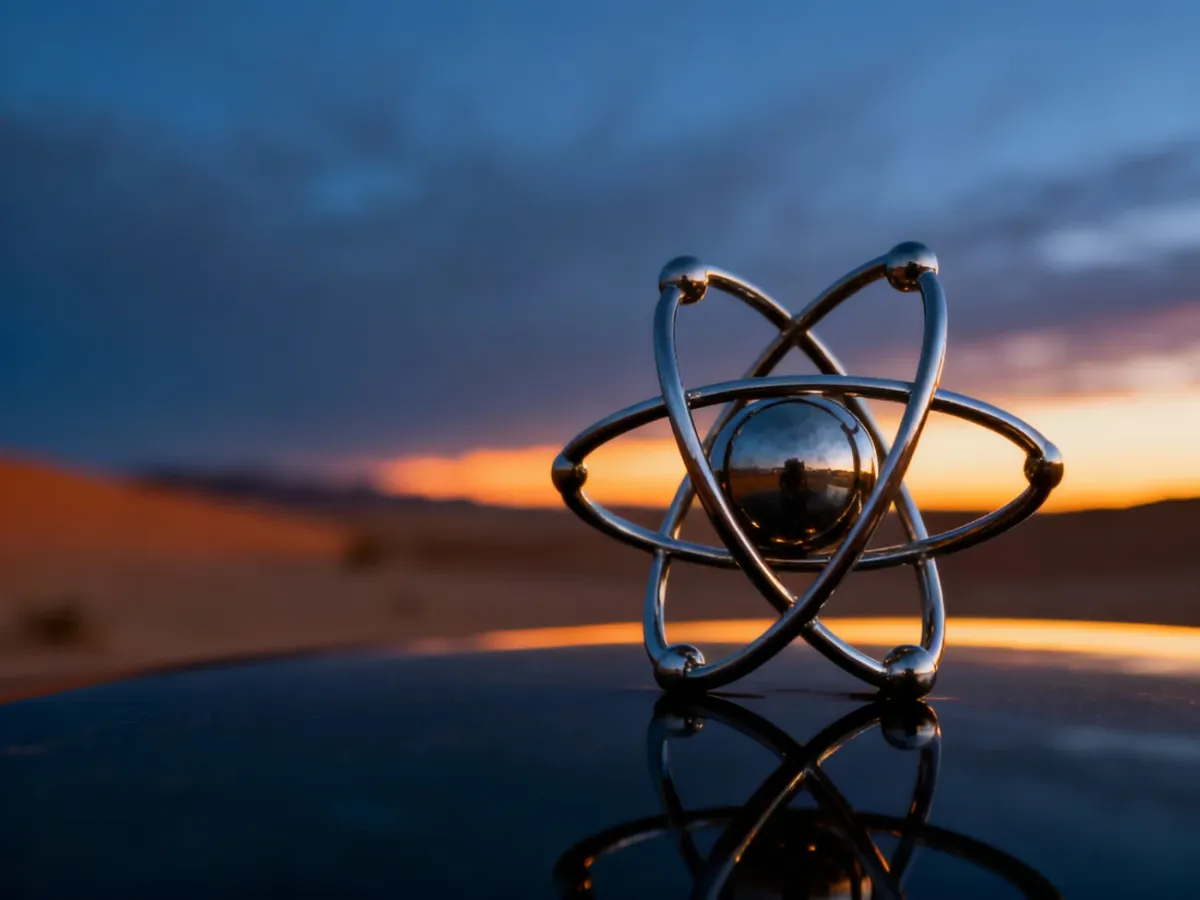 Metalowy model atomu na tle pustynnego krajobrazu o zachodzie słońca, symbolizujący nuklearne spekulacje wokół Izraela.