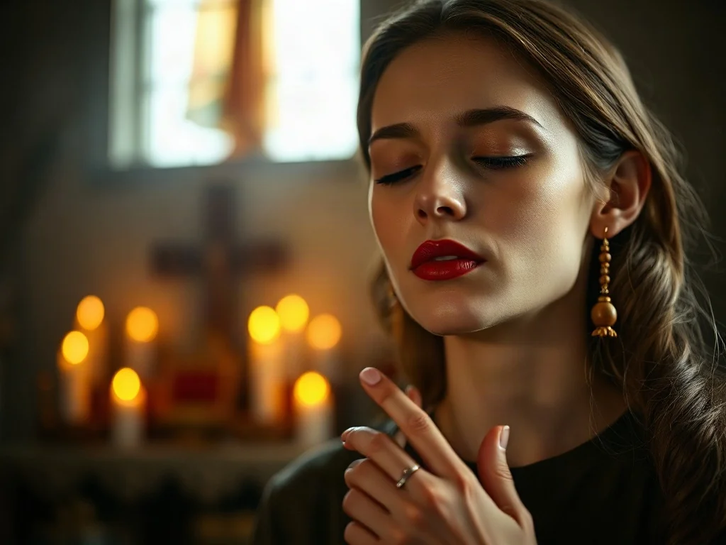 Kobieta z zamkniętymi oczami trzyma różaniec w nastrojowym, oświetlonym świecami wnętrzu, co sprzyja skupieniu w modlitwie.