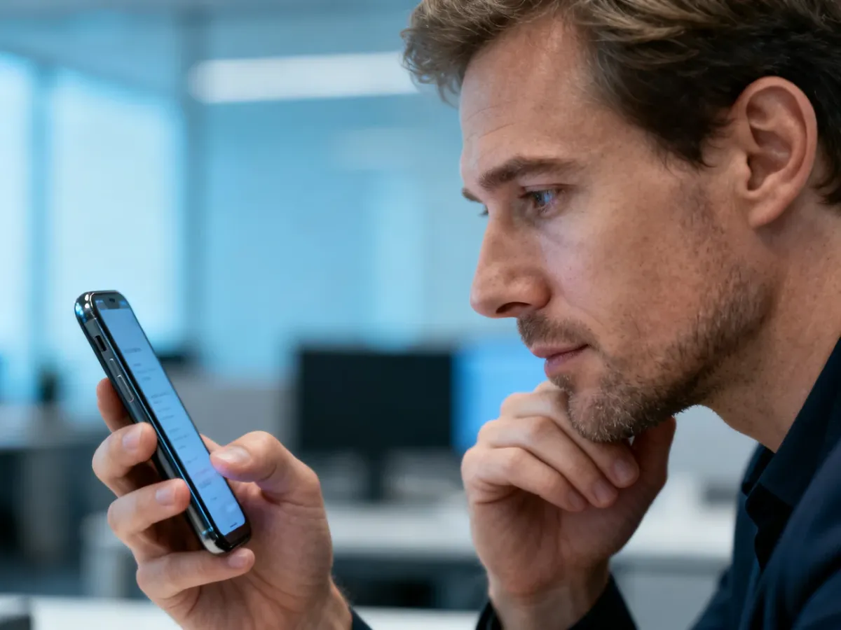 Mężczyzna z uwagą patrzący na ekran smartfona w biurowym otoczeniu, co ilustruje temat ochrony danych osobowych.