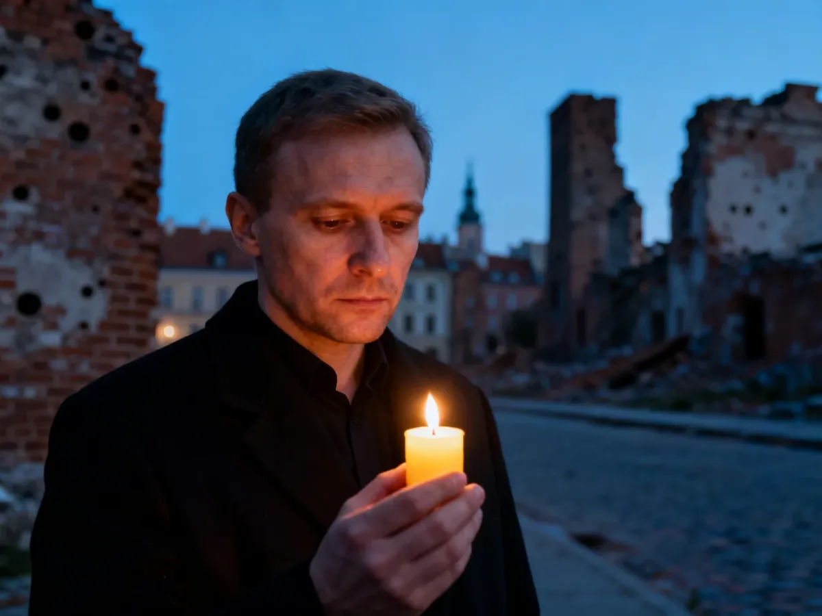 Mężczyzna trzymający płonący znicz na tle zniszczonych kamienic Warszawy, symbolizujący pamięć o Powstaniu Warszawskim.