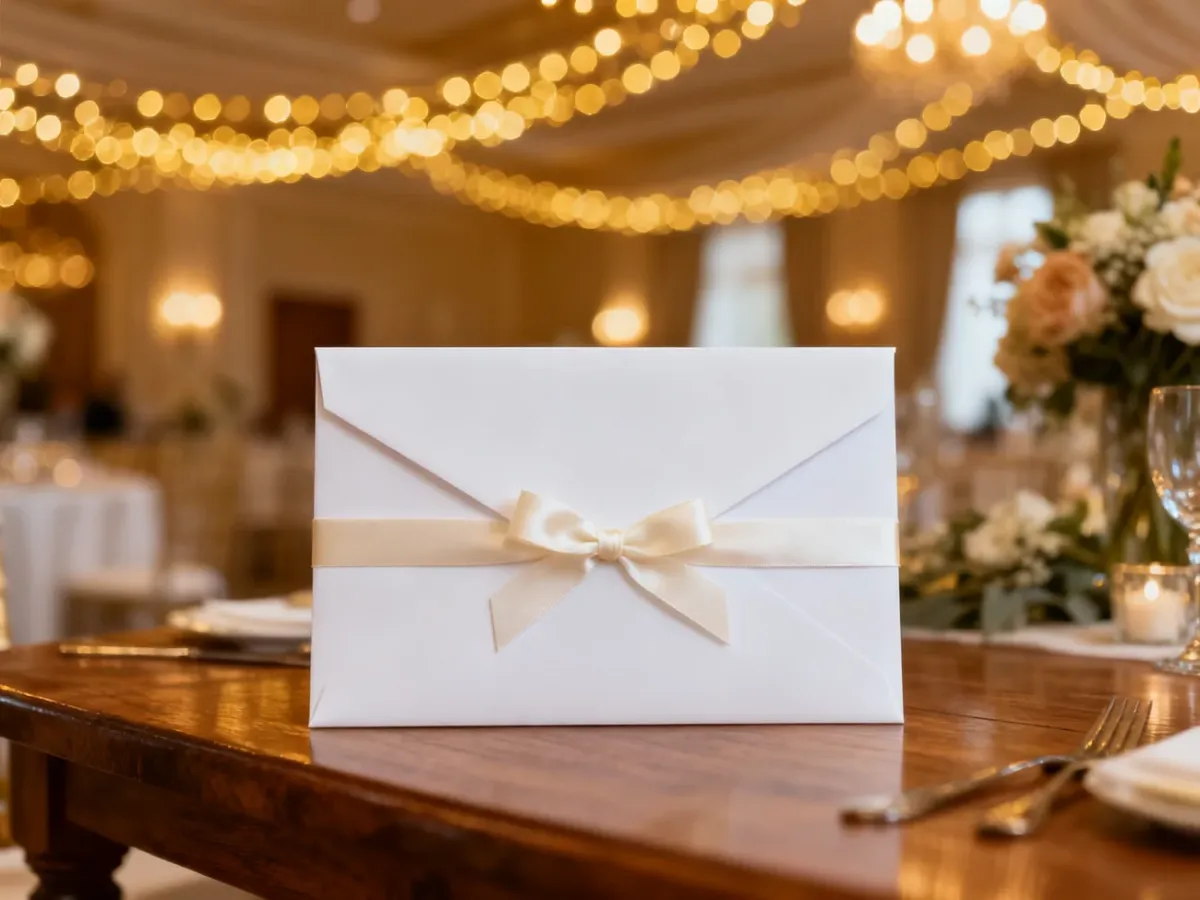 Elegancka biała koperta z ozdobną wstążką na weselnym stole, symbolizująca prezent pieniężny dla młodej pary.