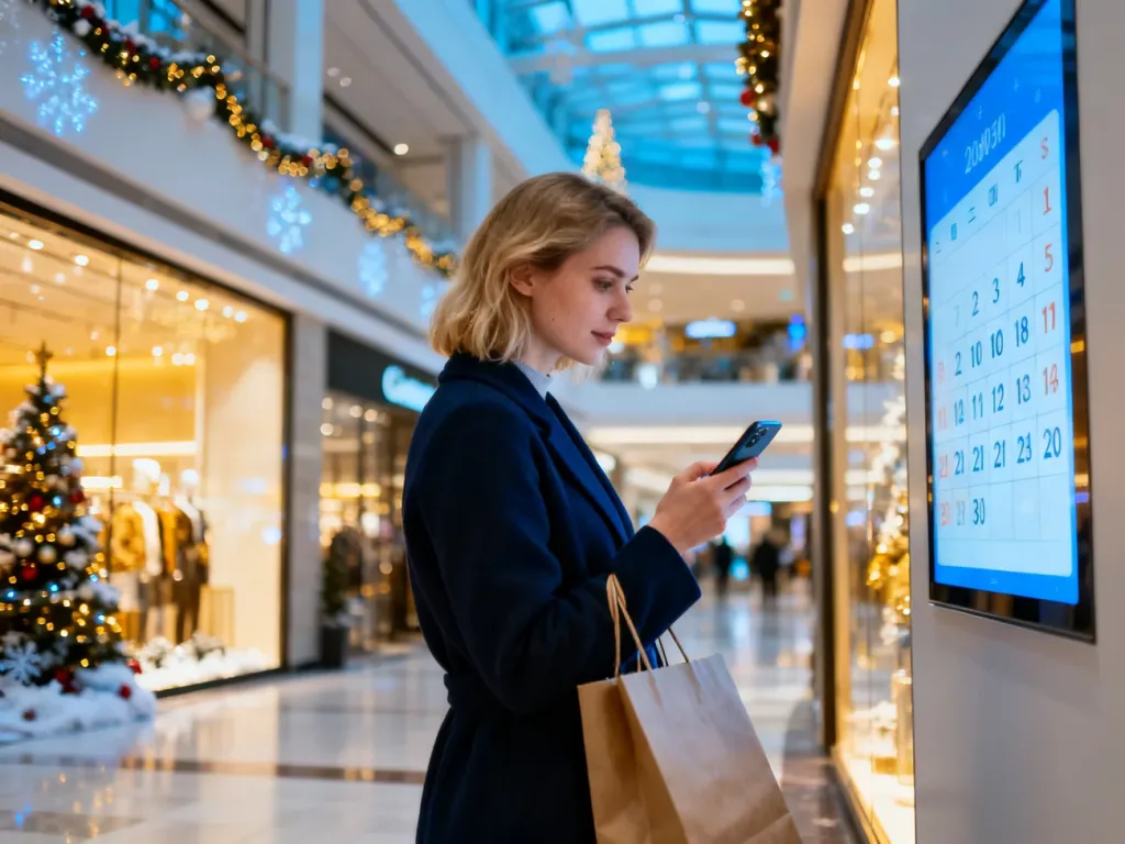 Kobieta w centrum handlowym sprawdza w telefonie kalendarz niedziel handlowych w otoczeniu zimowych dekoracji.
